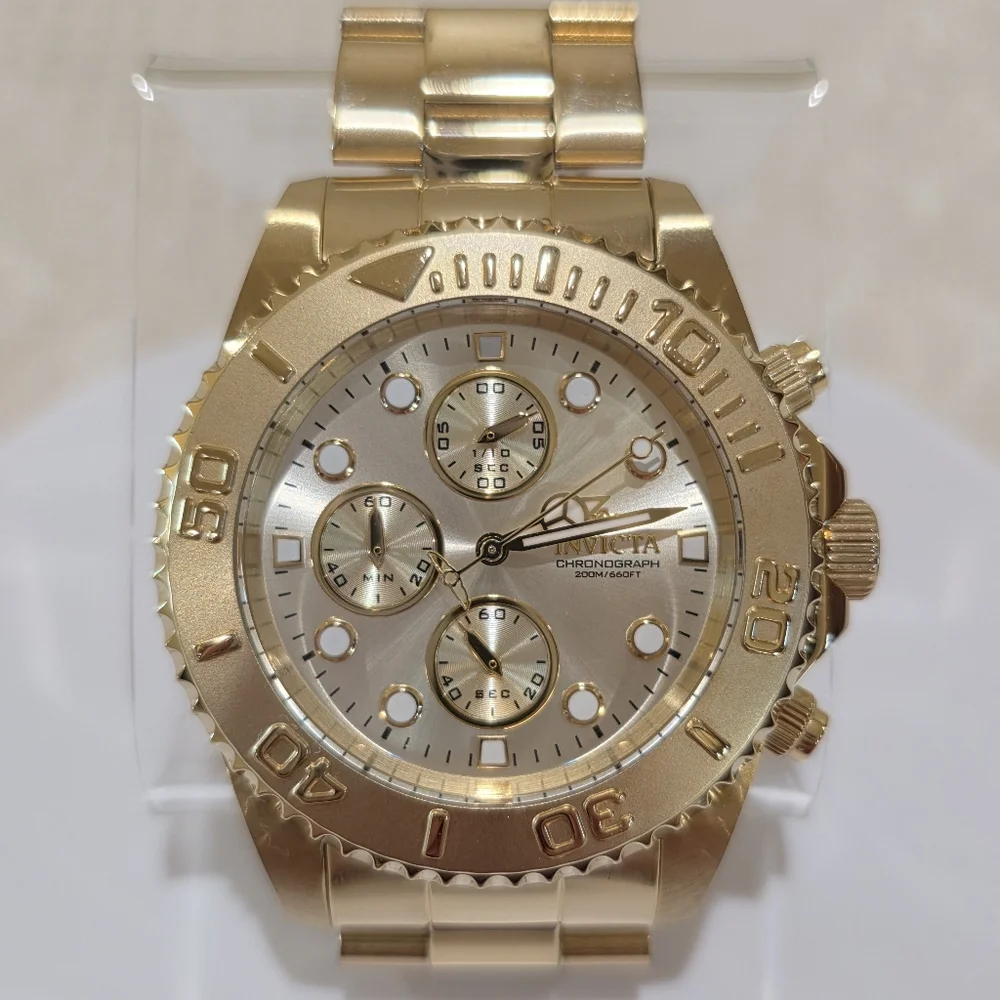 Invicta Pro Diver Chronograph Gold Men's Watch #1774 Large MSRP $695 Running